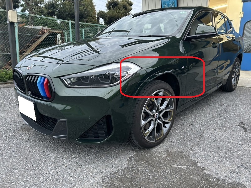 埼玉県三郷市　カーメイク雅　外車の修理　BMW左側面のすり傷とへこみ